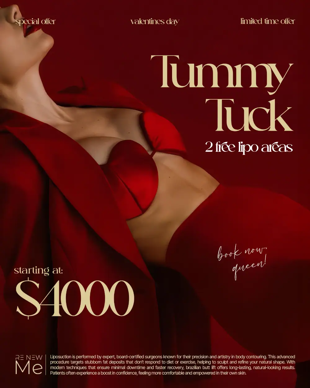 Woman in red lingerie promoting tummy tuck surgery at Renew Me Plastic Surgery.